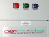 CMS PS-700 front panel indicator lights — three illuminated indicators labeled EMISSION (red), SHUTTER (green), COMPLETE (blue), with CMS Control Micro Systems logo and laser danger warning label
