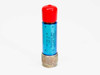 Mini-Circuits NAT-10 10dB attenuator — upright view showing blue anodized body with red protective cap and knurled N-type connector base