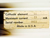 Lamp data label showing cathode element Li (Lithium), maximum current 25 mA, serial number 2023, Made in U.S.A.