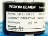 Perkin Elmer 303-6012 label showing Part No., Element Ba, 25mA continuous and 30mA maximum operating current, Norwalk CT USA