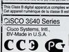 Cisco 3640 regulatory label close-up reading 'CISCO 3640 Series, Cisco Systems Intl., BV — Made in U.S.A.' with CE and PC certification marks