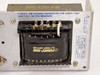 Power-One F24-12-A bottom view showing large mains transformer with terminal strip and forced-air cooling warning label