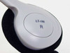 Close-up of HP LT-100 right ear cup showing model designation LT-100 and R channel label