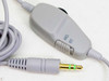 Close-up of HP LT-100 inline cable control module showing MO (mono) and ST (stereo) switch positions and gold-tip 3.5mm plug