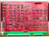 Varian Klystron Gen II Control Logic Board 01002543 — solder side of large red PCB showing dense trace routing and dual gold card-edge connectors at bottom