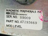 Magnetic Peripherals 47293669 Power Supply – manufacturer label reading 'Magnetic Peripherals Inc., a subsidiary of Control Data Corporation, SER. NO. R9009, PART NO. 47293669'