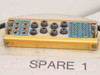 Close-up of Hypertronics FSCM50541 connector contact sub-assembly showing blue and gold high-density contact blocks with mixed pin and socket contacts, labeled SPARE 1