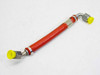 Mil-H-25579 S38208-0104S260 hydraulic hose assembly — full view showing red hose body with 45-degree swaged fittings and yellow port caps on both ends