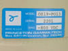 Princeton Gamma-Tech PGT OS19-PO13 model label – shows Model OS19-PO13, Serial 2201, Bias -800 VDC, Made in USA, Princeton NJ
