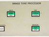 Hughes Range Tone Processor front panel mid-section showing Input Normal/Test and OSC Internal/External toggle buttons, Measure Start/Stop, and partial tone button visible