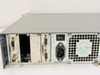 ComStream CM701 rear panel close-up showing DB9 Doppler Buffer and serial interface connectors, IEC power inlet with power switch, and ComStream rating label serial no. 70119