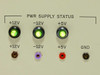 SSEL Command Generator front panel PWR SUPPLY STATUS section showing +12V, -12V, +5V indicator lights and banana jack test points all illuminated green