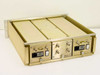 3dbm 70MDF-DAT-GLW FM modulator rackmount unit rear panel view showing BNC connectors, DB-9 connectors, IEC AC inlets, and power switches for all three modules