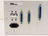 Matrix Systems 10360 rear panel straight-on view showing MODEL NO 10360 label, IEC inlet, CB1/CB2 breakers, J1–J4 Centronics connectors, and '120 VAC' wiring sticker