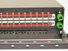 Close-up of AVP RPT48 rear panel right side showing channels 16 through 24, A and B bus labels, T/R/S rows, and green termination connectors