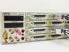 Leitch FR-X+2RU-2AC rear panel left side showing LEITCH label, serial number, GPI IN/OUT ports, RS-232 DE-9, BNC SYNC, and X-Y connector