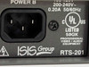 ISIS Group RTS-201 – close-up of Power B IEC inlet and UL Listed 50GK label confirming 200-240V 0.20A 50/60Hz rating for professional video/audio equipment