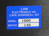 Link Electronics Digiflex 1000 – model label showing Model 1000, Serial No. 140, manufactured by Link Electronics Inc., Cape Girardeau, MO