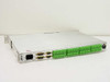 BTS BES-300 rear panel view showing IEC power inlet, XPT BUS D-sub connectors, MPK D-sub connector, CONFIG D-sub, and green screw terminal block audio I/O
