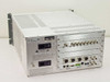 Rear panel of Scientific Atlanta D-9110 showing dual IEC power inputs, BNC video connectors, XLR audio connectors, RJ-45, DB-9, and additional I/O ports