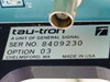 Tau-Tron S5104 serial number label — 'SER NO. 8409230, OPTION 03, CHELMSFORD MA, MADE IN USA, A Unit of General Signal'