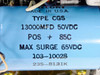 Mallory Type CGS capacitor label – 13000MFD 50VDC, POS +85C, Max Surge 65VDC, part number 103-10028