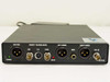Vibrint Technologies audio console front panel close-up showing AES/EBU XLR, SDI BNC, Y/C, CVBS, Left Audio XLR, Right Audio XLR, MON, REF IN, MUTE button, POWER and STATUS LEDs