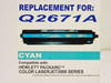 Compatible HP Q2671A Cyan Toner Cartridge removed from box – labeled Replacement for Q2671A, Cyan, compatible with HP Color LaserJet 3500 Series