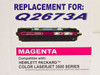 Q2673A Compatible Magenta Toner Cartridge close-up label — Replacement for Q2673A, Magenta, Compatible with HP Color LaserJet 3500 Series