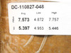 Box label DC-110827-048 showing PMax avg 7.573W and Isc avg 5.397A with low and high range values