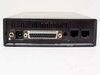 Zoom AMX E130100 modem – rear panel straight-on view showing DB25 serial port, power barrel jack, speaker jack, and two RJ11C phone jacks