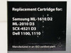 Close-up of compatibility label: Replacement Cartridge for Samsung ML-1610 D2, ML-2010 D3, SCX-4521 D3, Dell 1100, 1110 – Manufactured in an ISO certified plant