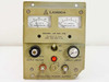 Lambda LP-521-FM front panel close-up showing DC Volts and DC Amperes analog meters, On/Off toggle, output voltage and current limiter controls, and output binding posts