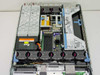 HP ProLiant DL380 interior full view showing fan array, memory slots, CPU area, and drive backplane