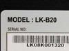 Lukhan LK-B20 model label closeup showing model number LK-B20 and serial number barcode