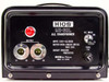 HIOS MC-60L DC Transformer front panel close-up showing dual circular output connectors labeled positive and negative, ON/OFF toggle switch, 2A fuse holder, and HIOS Inc Tokyo Made in Japan label
