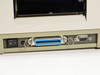 Eltron LP2142PSAT rear port close-up showing power switch, parallel DB25 connector, and 9-pin serial DB9 connector