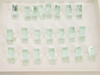 All 23 Reichert microtome glass knives laid out flat in three rows on white box liner — top-down view showing both flat sides of each blade