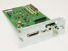 Xerox N17 Logic Board 140E37101A1 – angled front view showing bracket with Parallel, Serial, RJ45, and BNC ports and green PCB