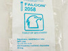 Falcon 2058 bag label closeup showing polystyrene, round-bottom with cap, 12x75mm, sterile/gamma irradiated, 25/bag