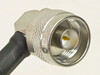 Close-up of silver N-type male connector on Rosenberger 994531a RF coaxial cable showing center pin