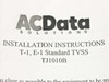 AC Data Solutions installation instructions sheet for T-1, E-1 Standard TVSS TJ1010B showing general and hardwiring installation sections