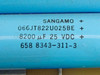 Sangamo capacitor close-up – part number 066JT822U025BE, 8200 uF 25 VDC, reference 658 8343-311-3