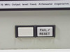 Close-up of front panel CRT display reading '70 MHz Output level fixed. Attenuator inoperative.' with FAIL/RESET button below