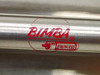 Close-up of Bimba Stainless label on cylinder body — red circular logo with text 'BIMBA STAINLESS'