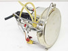 Side view of stainless disc assembly showing cylinder body, braided wire, red and yellow connectors, and pneumatic tubing routing