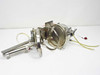 Clippard UDR-17 pneumatic cylinder with Bimba linear guide assembly and metal mounts — full assembly side view showing large stainless disc, cylinder, and tubing