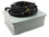 First Solar fused combiner box closed — gray outdoor-rated plastic enclosure with bundled 10-string MC3 wiring harness coiled on top, front-left view