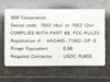 IBM FCC compliance label: device codes 7953 (4w) and 7952 (2w), FCC Part 68, registration ANO44S-71982-DP-E, ringer equivalent 0.9B, required connector USOC RJ45S