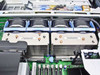 Dell PowerEdge 2850 internal close-up of dual processor heatsink assemblies with active cooling fan modules
